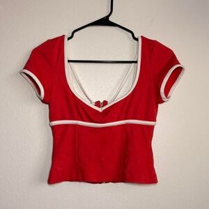 Maeve Women's‎ Size XS Red Fitted Baby Tee Scoop Neck Zip Up Coquette Cropped